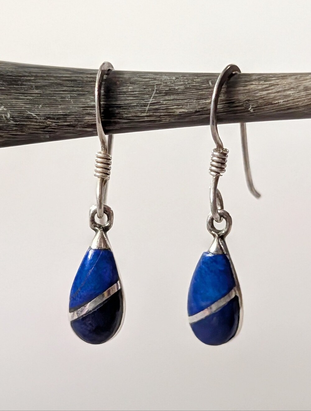 Small Vintage Sterling Silver Lapis Dangle Drop Earrings Semi Precious Gemstone